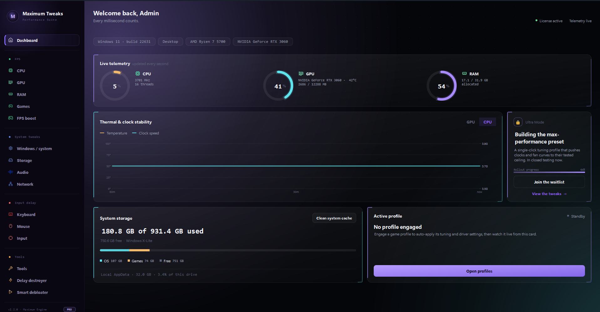Maximum Tweaks dashboard